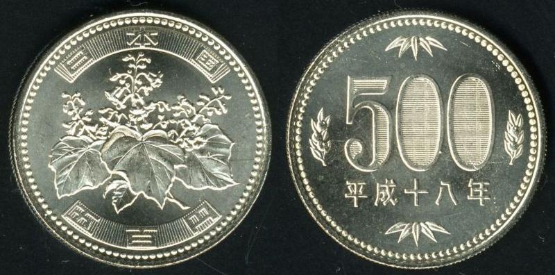 เหรียญ 500 เยน ของญี่ปุ่น (ประมาณ 150 บาท)